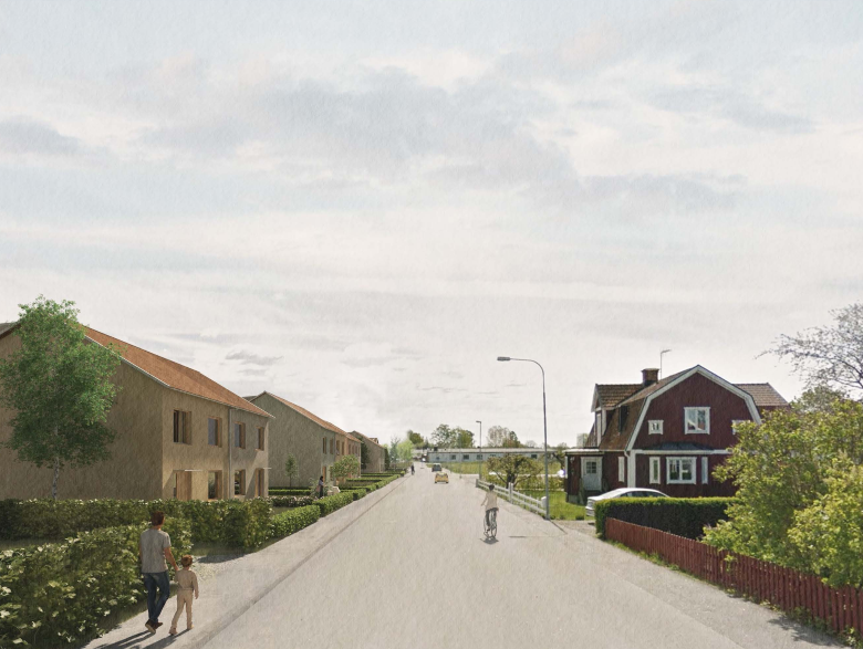 Bilden visar exempel på hur Odlaregatan kan se ut med befintlig bebyggelse på högersidan och föreslagen nybebyggelse på bildens vänstra sida. Bilden är framtagen av arkitekturföretaget AndrénFogelström AB
