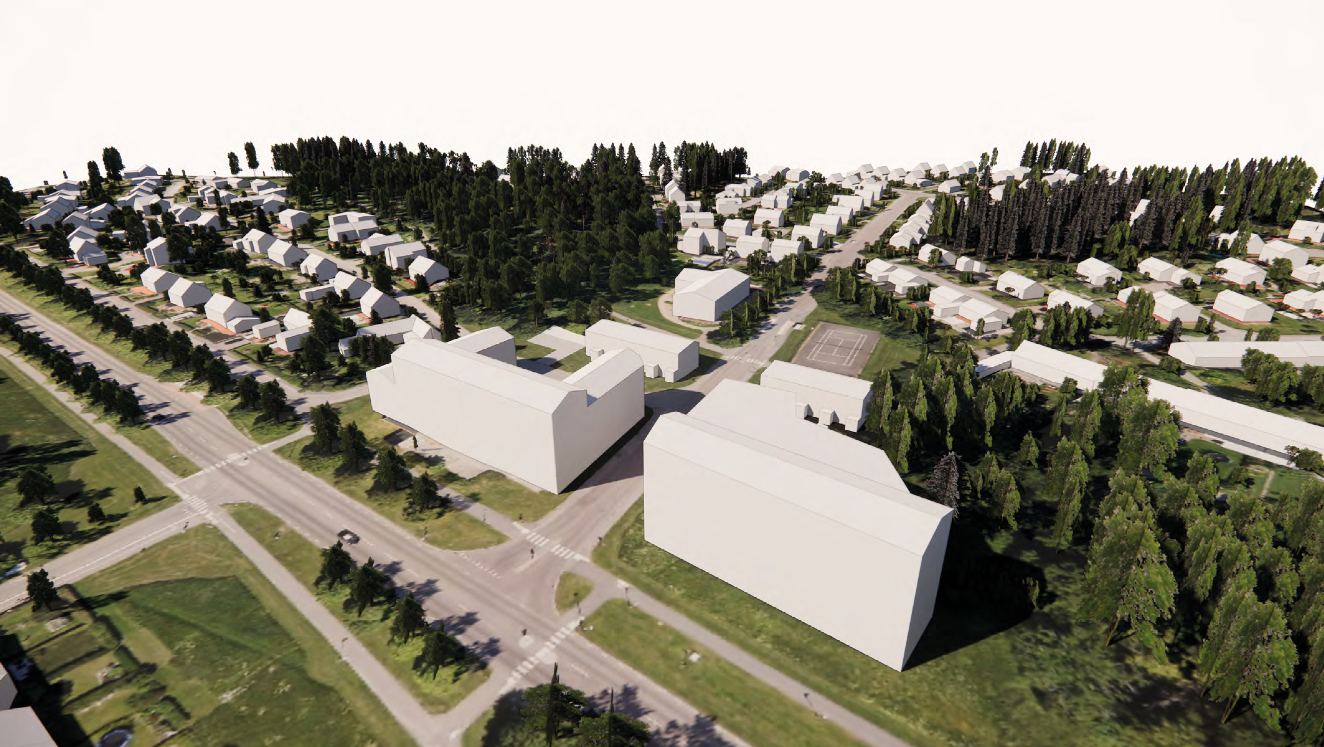 Datoranimerad vy över bostadsområde med planerad bebyggelse inritad som vita block.