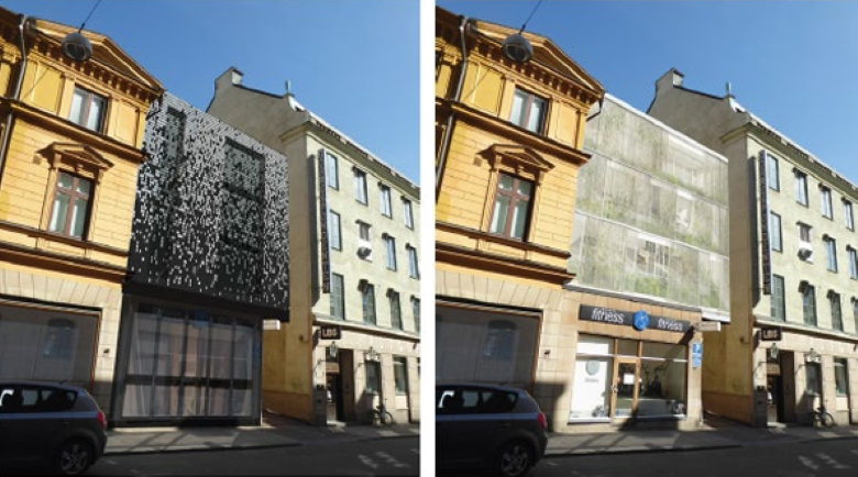 Bilden visar två olika förslag på utformning av påbyggnad inom fastigheten Badhuset 5.