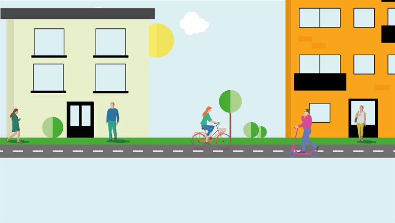 Illustrationen visar en gata kantad av flerbostadshus. Framöver husen går en väg där människor promenerar och cyklar.