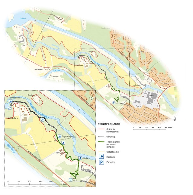 Karta med teckenförklaring över besöksmålet Motala ströms ravin