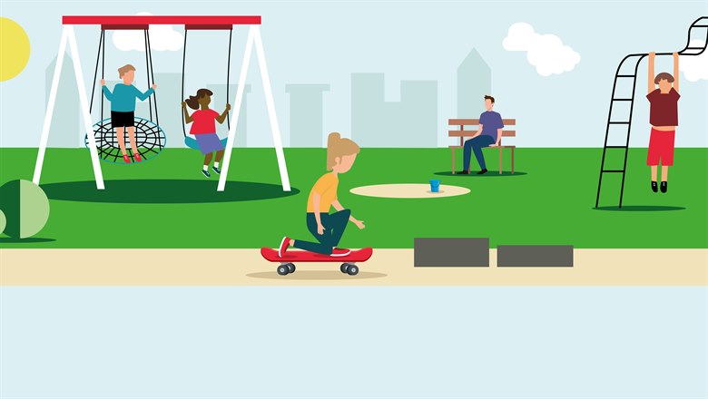 Illustration på park med barn som gungar, åker skatebord och klättrar i klätterställning. I bakgrunden syns en vuxen person som sitter på en bänk.