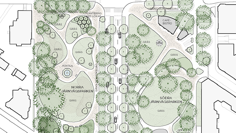 Illustration över måldbilden för Järnägsparken efter upprustning. Träd, buskar, lekytor, gång- och cykelvägar med mera.