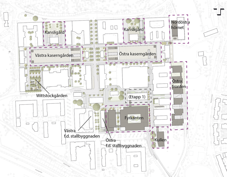 Bilden visar en illustrationsplan för ny bebyggelse för respektive utvecklingsområde.