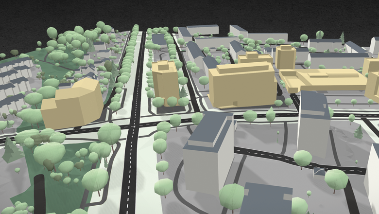 Bild från 3D-modellen. Bilden visar ny bebyggelse i området som block. I bilden syns även befintliga byggnader, grönska och vägar.