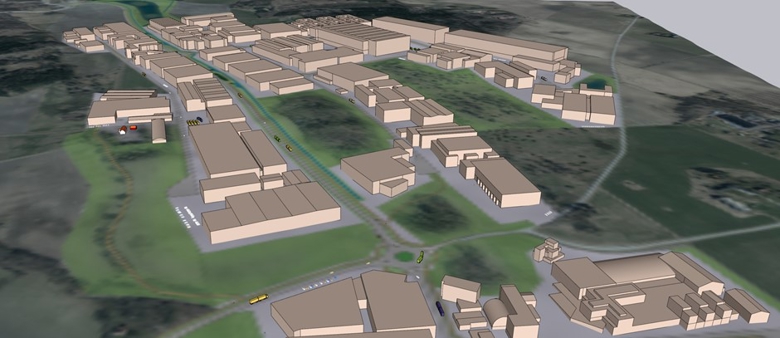 En inzoomning av planområdets norra del med ett utformningsalternativ som i stort sett visar den maximala bebyggelse som tillåts enligt detaljplaneförslaget. Bilden är tagen från kommunens 3D-modell av planområdet.