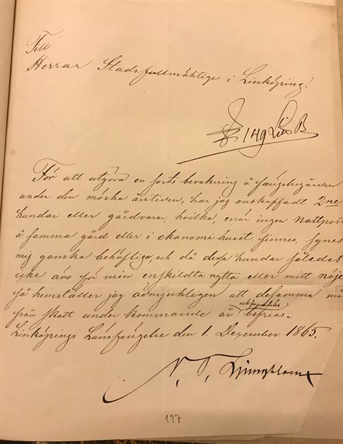 Handskrivet brev från fängelsedirektör om befrielse från hundskatt 1865