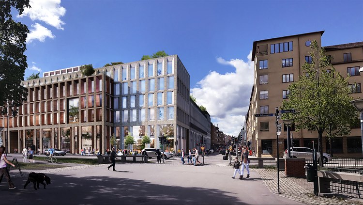 Visionsbild över byggnader från Hamngatan sett. Byggnaderna till vänster har 5 våningar varav verksamhetslokaler vid markplan. 