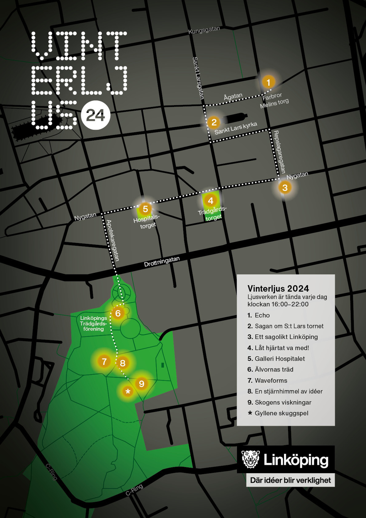 En karta över Vinterljus 2024 i Linköping