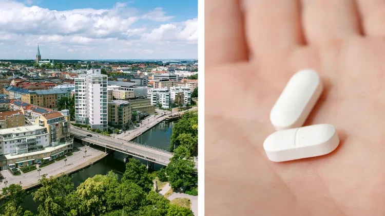 Kollage med vy över Linköping och medicin