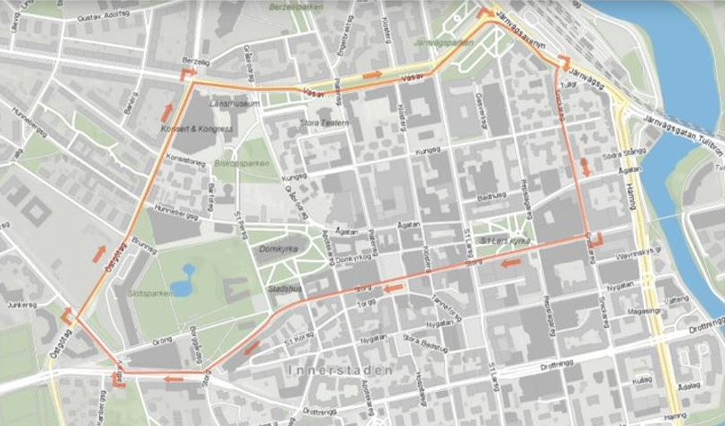 Karta över vilken väg studentflaken tar genom Linköping
