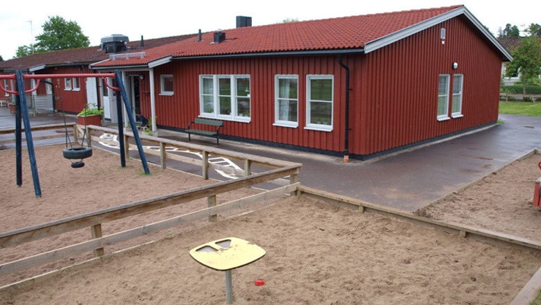 Sandlåda med ett lekbord i förgrunden. Till vänster en gungställning. I bakgrunden röd förskola med rött tegeltak.