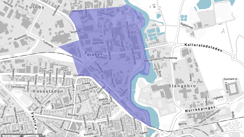 Kartbild med områdena runt nya stationen markerade, från Gillbergagatan i norr till Järnvägsgatan i söder.