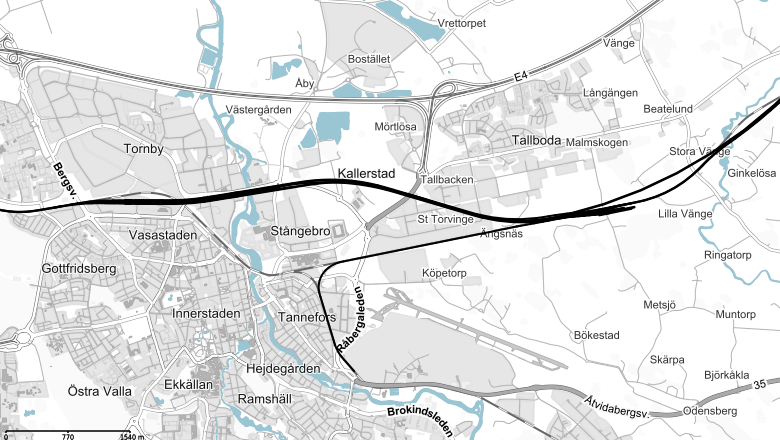 Kartbild över Linköping med de nya järnvägsspåren inritade från Linghem till Bergsvägen.