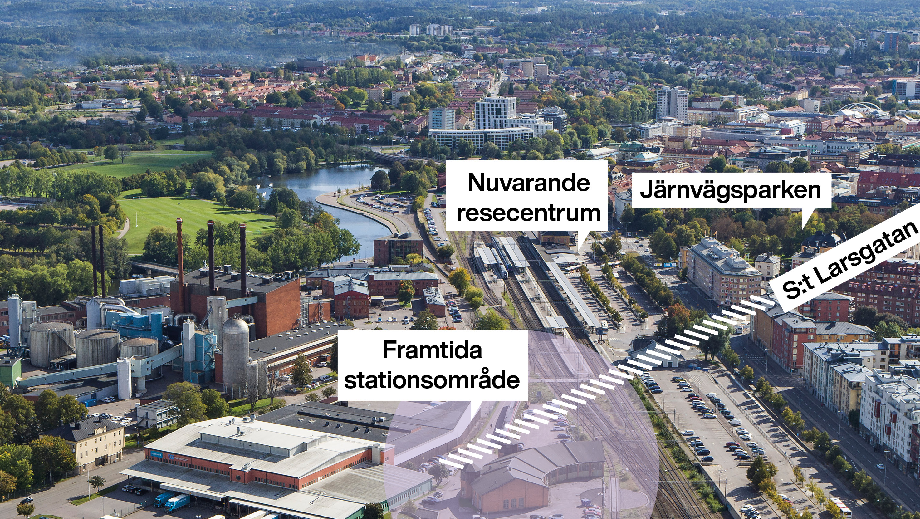 Flygfoto över det framtida stationsområdet, nuvarande stationområde samt del av innerstaden med markering som visar hur St Larsgatan ska förlängas norrut till nya stationen.