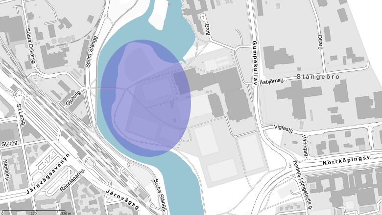 Karta med område för stadsparken markerad.