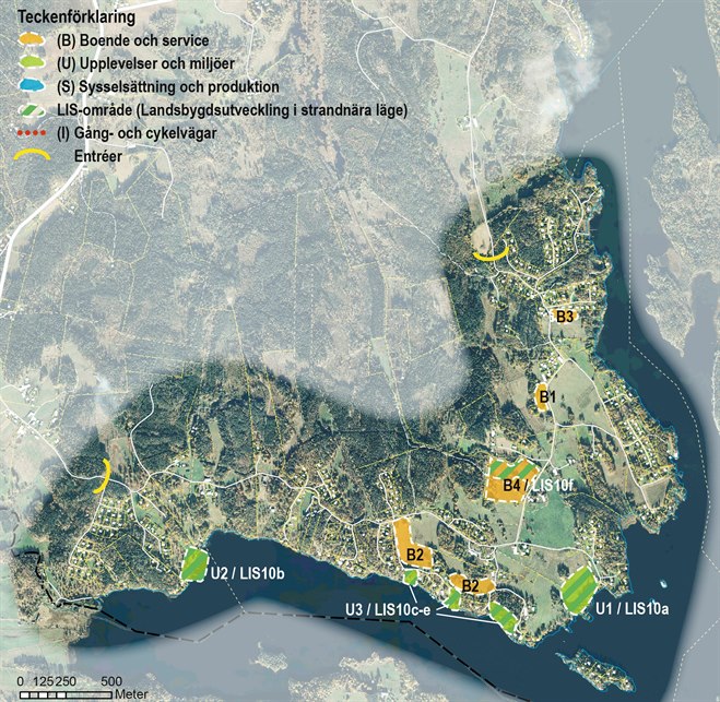 Kartan visar olika utvecklingsområden i Norra Fjälla, Södra Fjälla och Sjövik