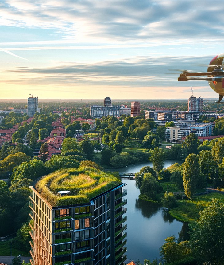AI genererad bild över Linköping med en flygande drönarbuss